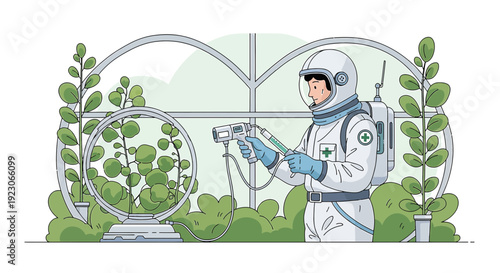 Astronaut tending to plants in space station greenhouse, futuristic botany science concept