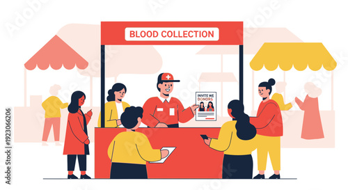 Blood Collection Booth at Outdoor Event with Donors and Staff