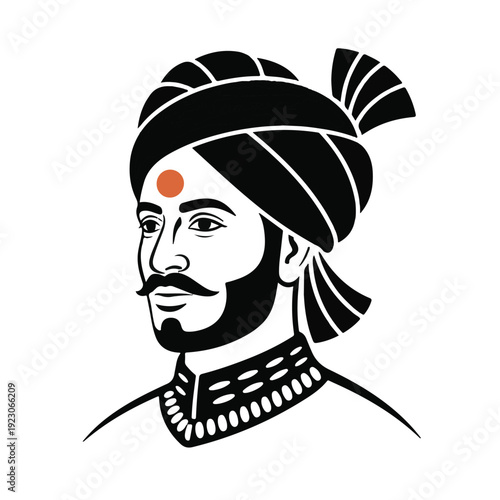 Historical indian warrior portrait with turban and traditional jewelry illustration vector icon isolated on transparent background representing bravery leadership and heritage of ancient culture