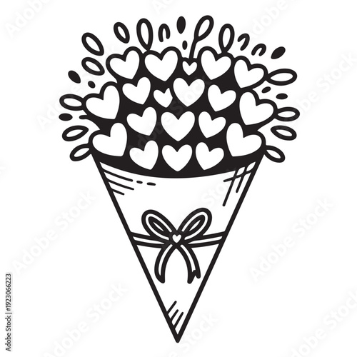 Romantic heart bouquet vector illustration featuring multiple heart shapes wrapped in paper with ribbon bow isolated on transparent background for valentines day and wedding celebrations