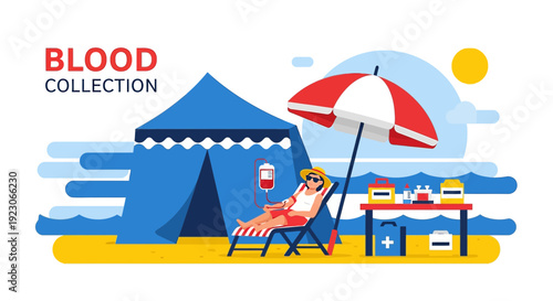 Blood Collection on Beach: Donor Relaxing Under Umbrella with IV Drip