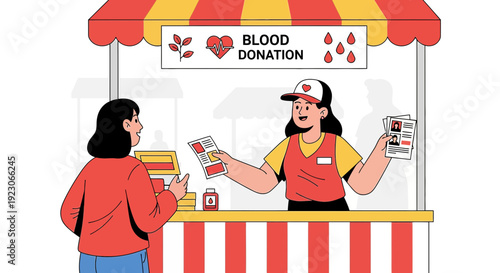 Blood Donation Booth: Volunteer Offers Information to Donor