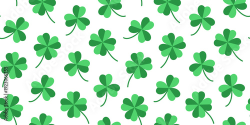 Seamless pattern with green clover leaves on white background. Lucky shamrock repeat design for St. Patrick's Day, card, banner, spring, Irish holiday, textile, wrapping, print, festive decoration.