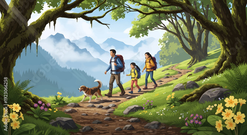 Family hiking with dog through lush forest mountains landscape illustration