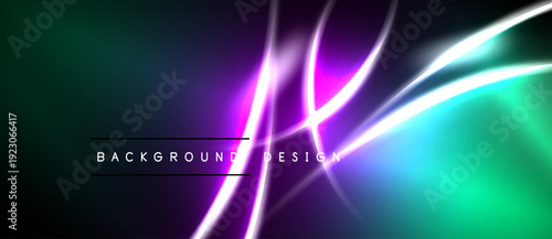 Abstract background features vibrant neon lines, gradients. Dark borders frame turquoise, purple, cyan hues. Modern design element.