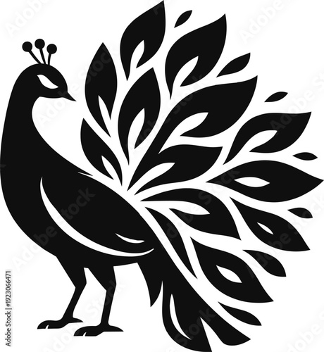 Elegant decorative peacock silhouette in black and white style. Detailed ornamental vector illustration suitable