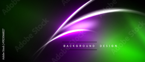 Abstract background features vibrant green, purple gradients. Smooth curves create dynamic light effects. Text reads background design.