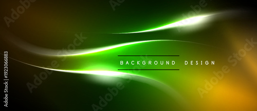 Abstract vibrant design. Smooth flowing lines, green hues dominate, with gold accents. Dark background creates contrast, modern aesthetic.