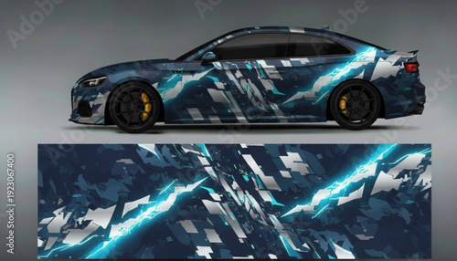 Modern sports car with a dynamic blue and silver abstract graphic vinyl wrap design.