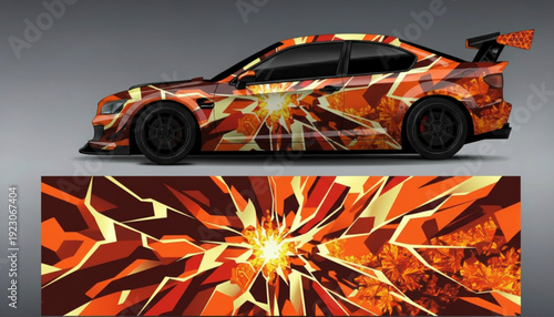 Dynamic orange and red shattered glass car wrap design with a glowing central explosion on a sleek sports coupe.
