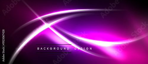 Abstract neon lines create dynamic purple glow. Black background emphasizes vibrant energy, modern design elements present.