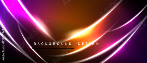 Abstract neon lines create dynamic, colorful background. Bright gradients blend purple, orange, yellow hues. Text reads background design.