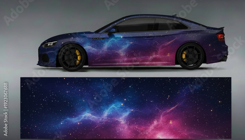 Luxury sports car with a stunning galaxy-themed vinyl wrap, showcasing cosmic colors and star patterns.