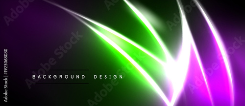 Vibrant neon lines create abstract design. Purple, green hues blend into black background. Modern, dynamic visual presentation.