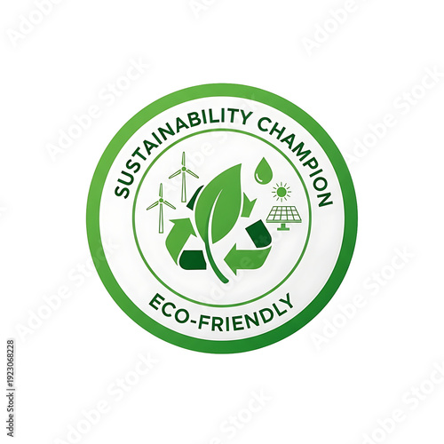 A green and white circular logo with a sustainability champion theme on transparent background