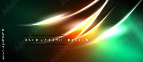 Abstract neon lines create vibrant glow. Dark background emphasizes bright orange, green hues. Modern design element.