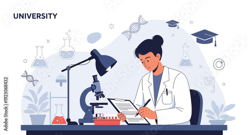 Scientist in Lab Coat Working with Microscope and Test Tubes, University Research