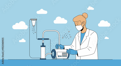 Scientist in Mask and Gloves Conducts Experiment with Laboratory Equipment