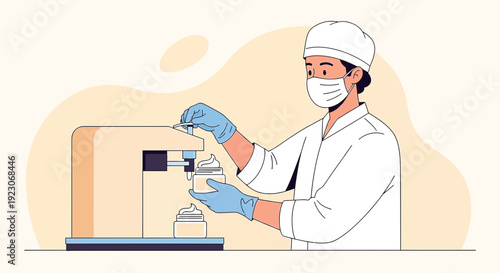 Scientist in Mask Fills Cream into Jars with Machine