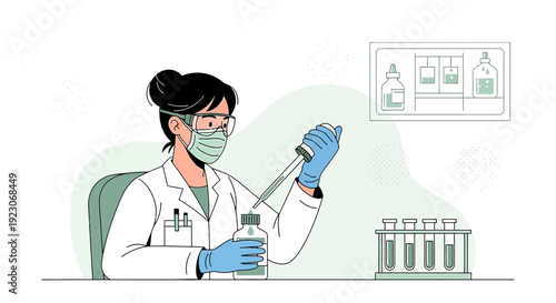 Scientist in Mask and Gloves Pipetting Liquid in Laboratory