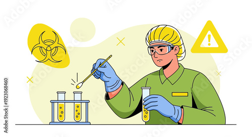 Scientist in Protective Gear Conducting Laboratory Test with Test Tubes and Biohazard Symbol