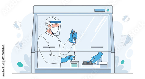 Scientist in Protective Gear Working in Biosafety Cabinet with Pipette and Test Tubes