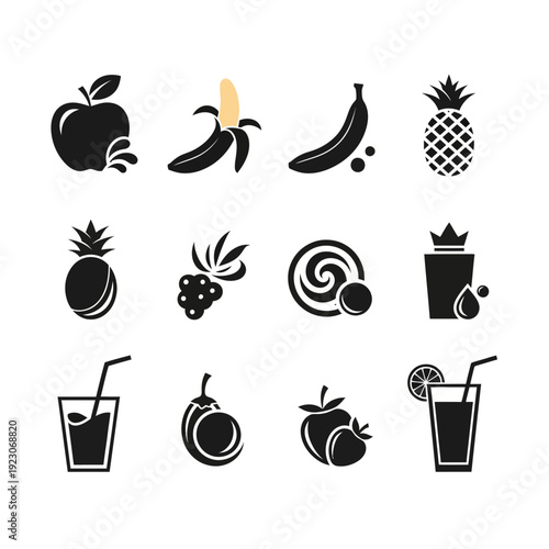 Set of Fruit Icons and Juice Drinks.