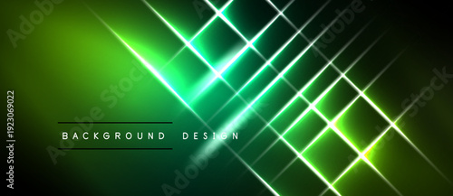 Vibrant green neon lines intersect, creating abstract geometric pattern. Dark background enhances luminosity, modern design element.