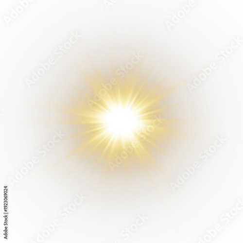Yellow sun sparkle PNG with golden light, flash radiant sun rays, and glowing lens flash. Glow bright light star, explosion yellow sunlight, vector illustration.