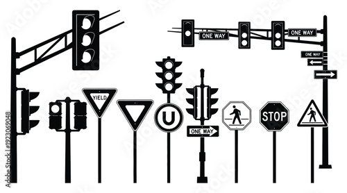 A comprehensive collection of various essential traffic lights and diverse road signs, providing crucial navigation and safety guidance for all drivers and pedestrians in urban environments.