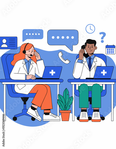 Medical call center operators consulting patients via phone and computer