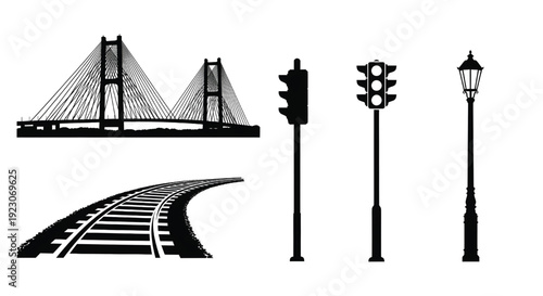 A black and white illustration of city infrastructure