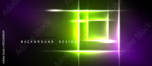 Vibrant neon lines form abstract rectangles over dark background. Gradient transitions from purple to green create dynamic visual effect.