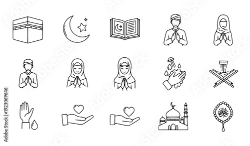 ramadan, kareem, islamic, muslim, kaaba, quran, mosque, prayer, wudhu, donate, charity, hijab, crescent, star, tasbih, spirituality, religion, fasting, holy, arabic, worship, icon, icons, line, outlin