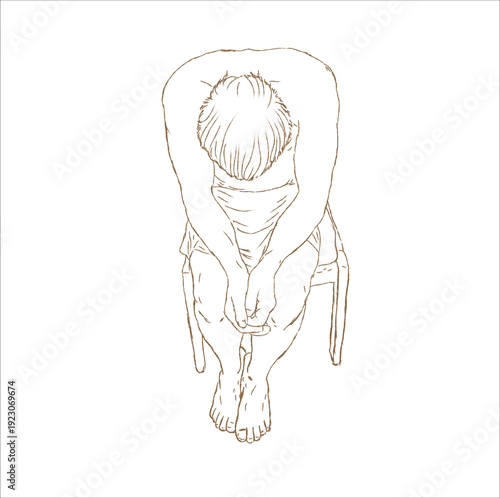 Artistic brown and black and white simple pencil drawing of man sitting on a chair with bowed head, layers vector illustration isolated on white background