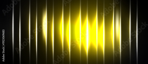 Bright yellow light radiates between vertical silver lines. Abstract design evokes sound waves, energy, or digital signal processing. Minimalist aesthetic.
