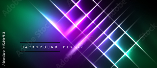 Vibrant abstract background features intersecting neon lines. Gradient transitions from green to purple create dynamic visual effect. Modern design element.