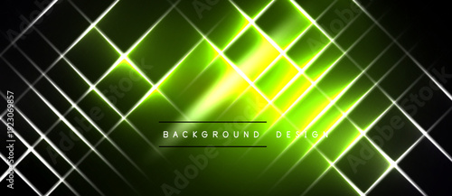 Abstract neon grid pattern. Bright green lines intersect white ones over black background. Modern digital design element.