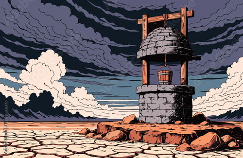 Old wishing well with wooden bucket standing in barren landscape dry earth dramatic sky rustic rural scene symbolic atmosphere
