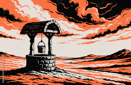 Old wishing well with wooden bucket standing in barren landscape dry earth dramatic sky rustic rural scene symbolic atmosphere