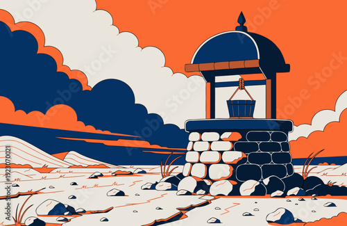 Old wishing well with wooden bucket standing in barren landscape dry earth dramatic sky rustic rural scene symbolic atmosphere