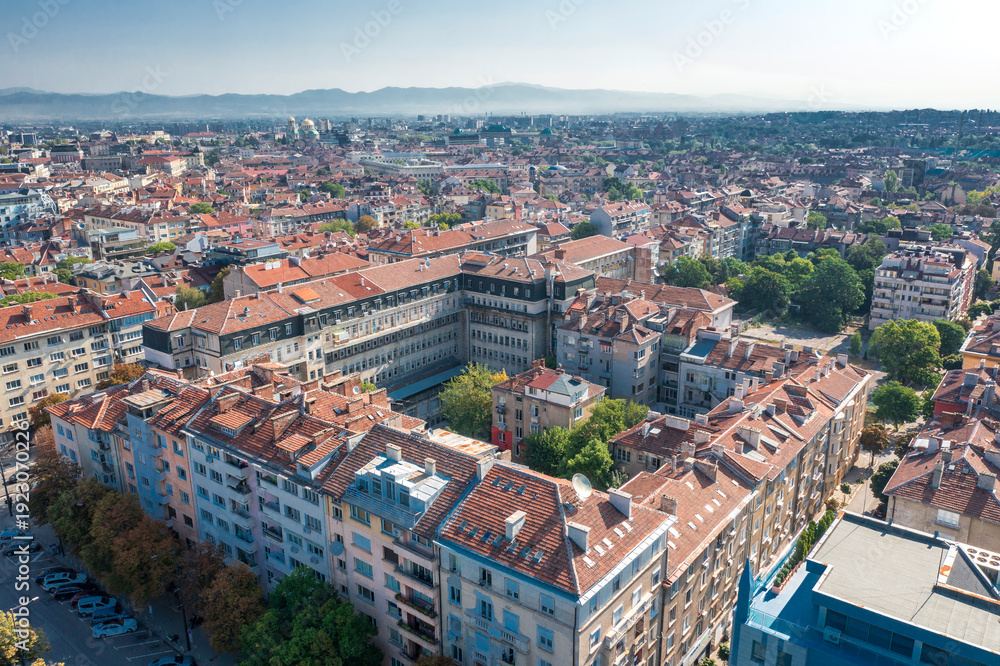 Fototapeta premium Aerial Day View of Sofia City Center with Traditional Red Tiled Roofs and Vitosha Mountain in the Background
