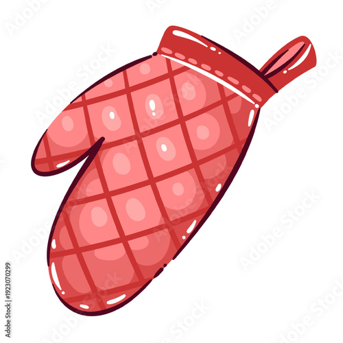 Oven mitt kitchen glove for baking and cooking safety. Quilted fabric oven mitt with grid stitching and hanging loop detail. Doodle outline kitchen accessory icon, cartoon vector illustration.