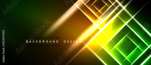 Abstract neon lines create vibrant geometric pattern. Gradient transitions from green to yellow, orange. Dark background emphasizes bright illumination.