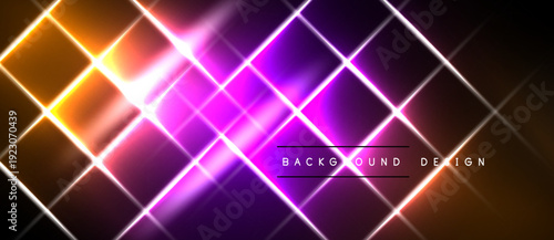 Vibrant neon lines form diagonal squares. Purple, orange hues dominate dark background. Modern design element for digital projects.