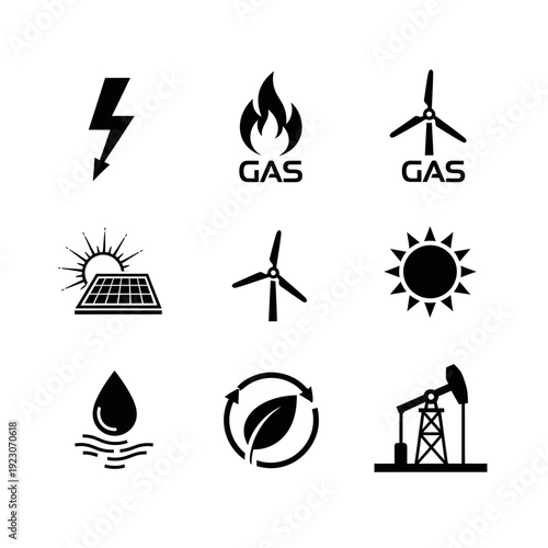 Set of Icons Representing Various Energy Sources and Environmental Concepts.