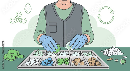 Recycling Worker Sorting Materials into Compartments for Reuse