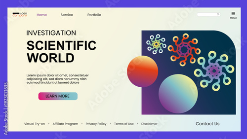 Scientific research landing page template with abstract geometric shapes and spheres