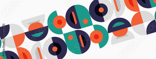 Abstract geometric pattern. Circles, semicircles, rectangles overlap creating colorful design. Modern aesthetic, simple shapes, vibrant hues.