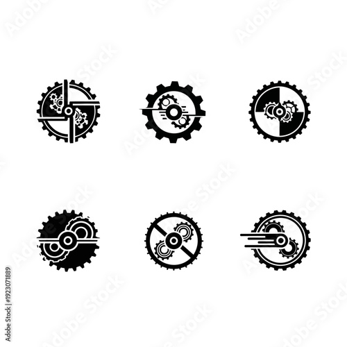 Set of Six Black and White Gear Icons.